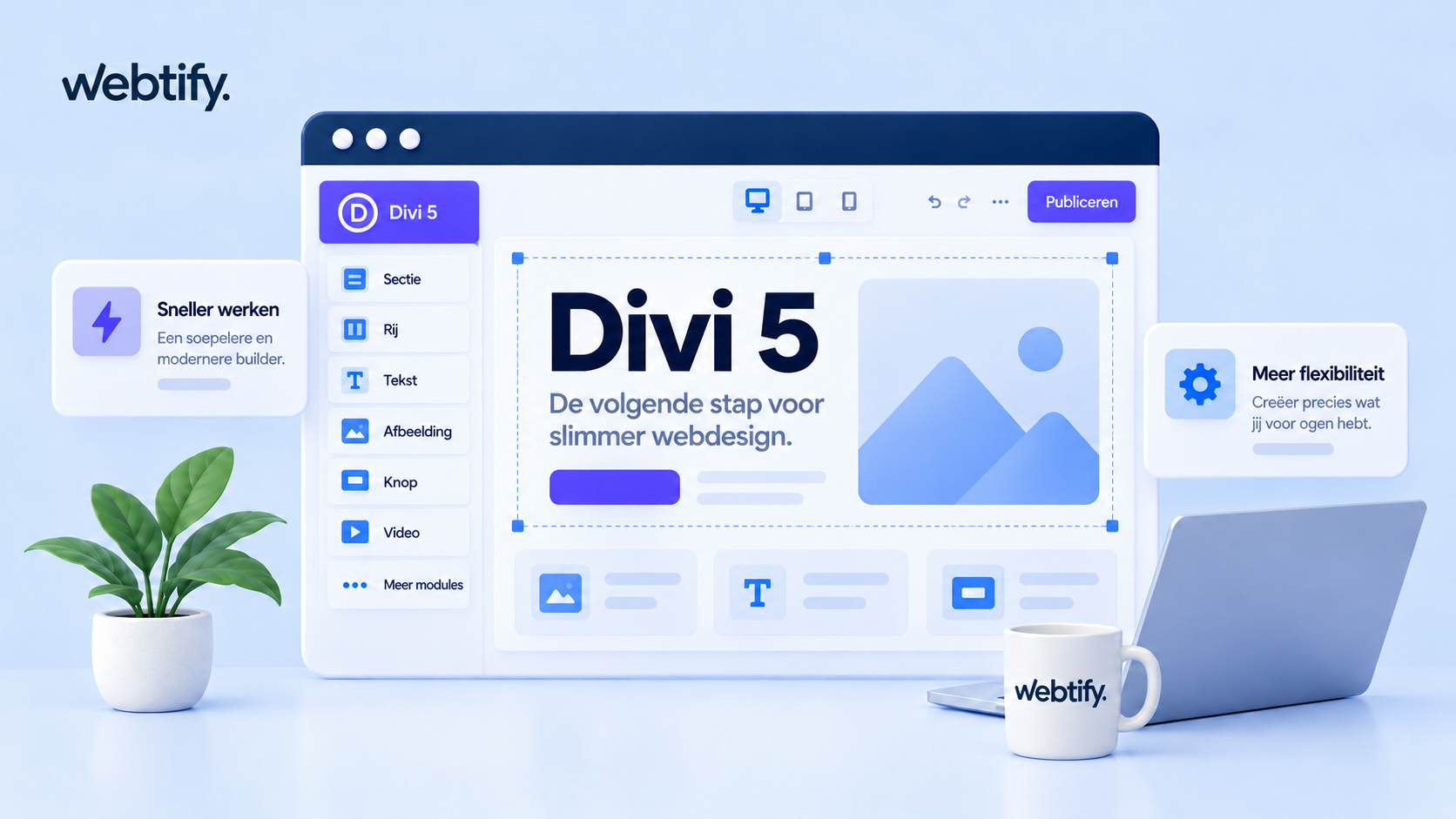 Illustratie voor de uitleg wat Divi 5 is en hoe het werkt. Wat je ermee kan en wat het verschil is met Divi 4. Webtify legt het uit.