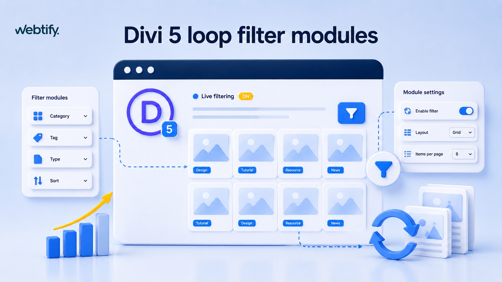 Illustratie voor de nieuwe Divi 5 Loop filter module, Webtify legt het uit