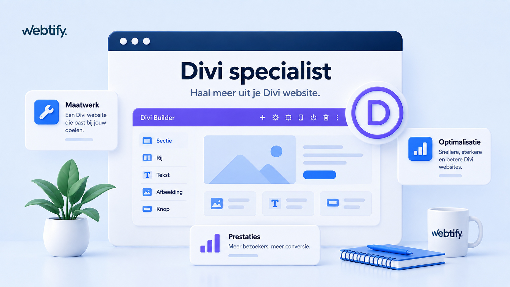 Webtify illustratie voor Divi specialist in o.a. Nederland en België.